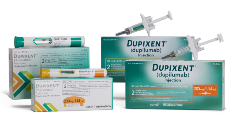 Dupixent® (dupilumab) 200mg and 300mg pre-filled pen and syringe packaging