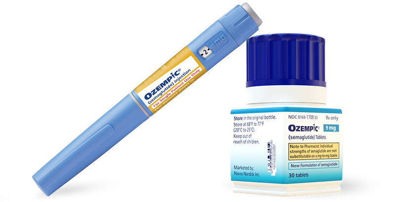2 mg dose Ozempic® pen and 9 mg dose Ozempic® pill bottle