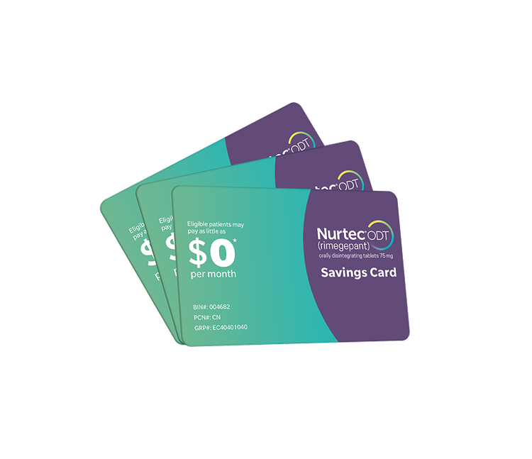 Front view of Nurtec® ODT (rimegepant) savings card